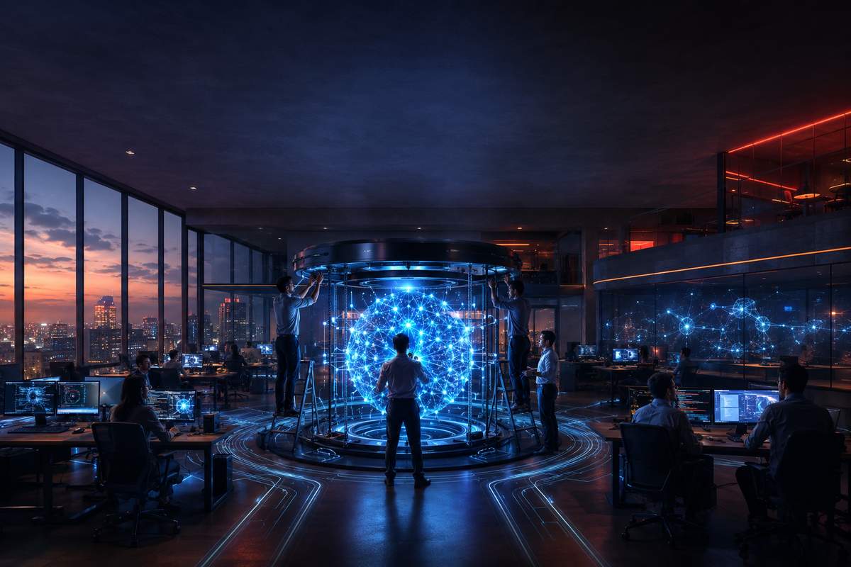Engineers installing a glowing AI neural network core in a corporate office at dusk, representing enterprise AI implementation by companies like Anthropic and Microsoft