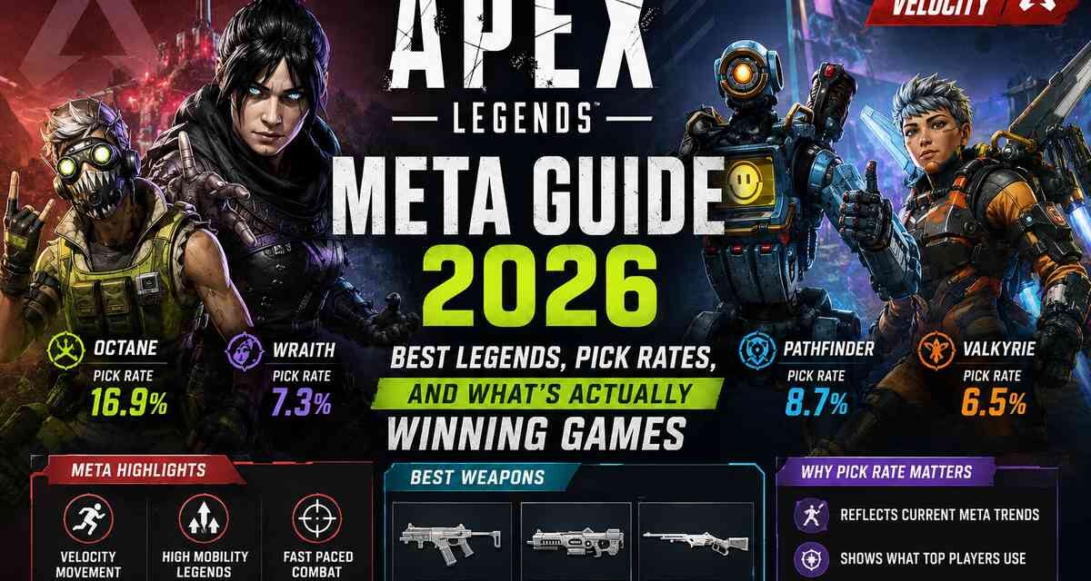 Apex Legends Meta Guide 2026 Season 29 Velocity featuring Octane 16.9% pick rate, Pathfinder 8.7%, Wraith 7.3%, Valkyrie 6.5%, best weapons R-99 SMG, Nemesis AR, and 30-30 Repeater marksman rifle