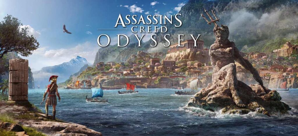Assassin’s Creed Odyssey artwork of Kassandra overlooking a Greek harbor city with a giant Poseidon statue and trireme ships