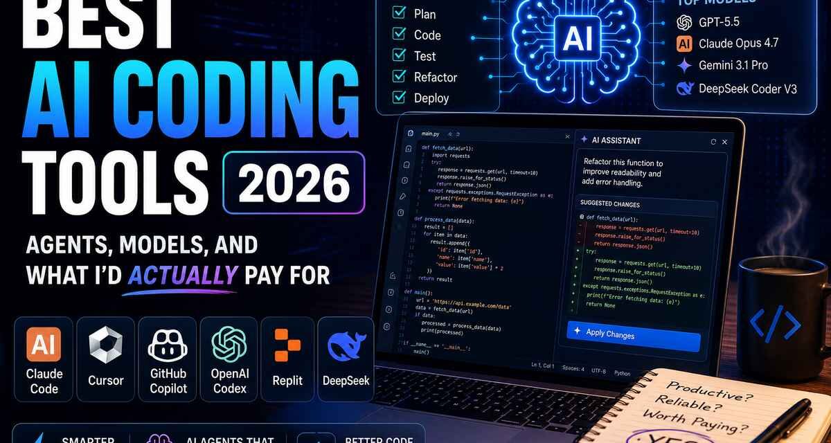 Best AI coding tools 2026 featured image showing Claude Code, Cursor, GitHub Copilot, OpenAI Codex, Replit and DeepSeek with top AI models GPT-5.5, Claude Opus 4.7, Gemini 3.1 Pro and DeepSeek Coder V3