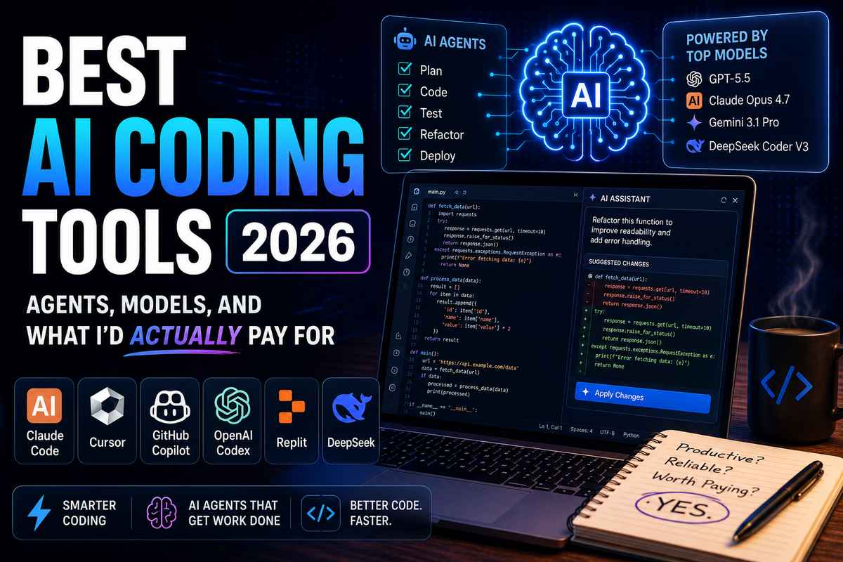 Best AI coding tools 2026 featured image showing Claude Code, Cursor, GitHub Copilot, OpenAI Codex, Replit and DeepSeek with top AI models GPT-5.5, Claude Opus 4.7, Gemini 3.1 Pro and DeepSeek Coder V3