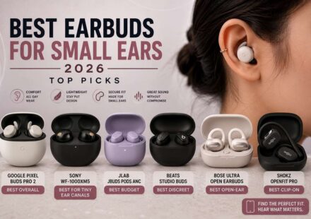 Best earbuds for small ears 2026 top picks featuring Google Pixel Buds Pro 2, Sony WF-1000XM5, JLab JBuds Pods ANC, Beats Studio Buds, Bose Ultra Open Earbuds, and Shokz OpenFit Pro