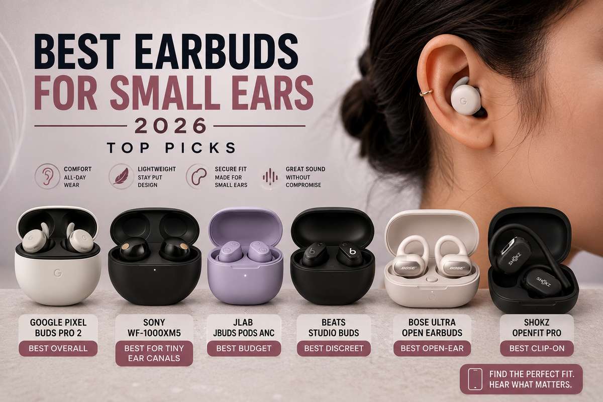 Best earbuds for small ears 2026 top picks featuring Google Pixel Buds Pro 2, Sony WF-1000XM5, JLab JBuds Pods ANC, Beats Studio Buds, Bose Ultra Open Earbuds, and Shokz OpenFit Pro