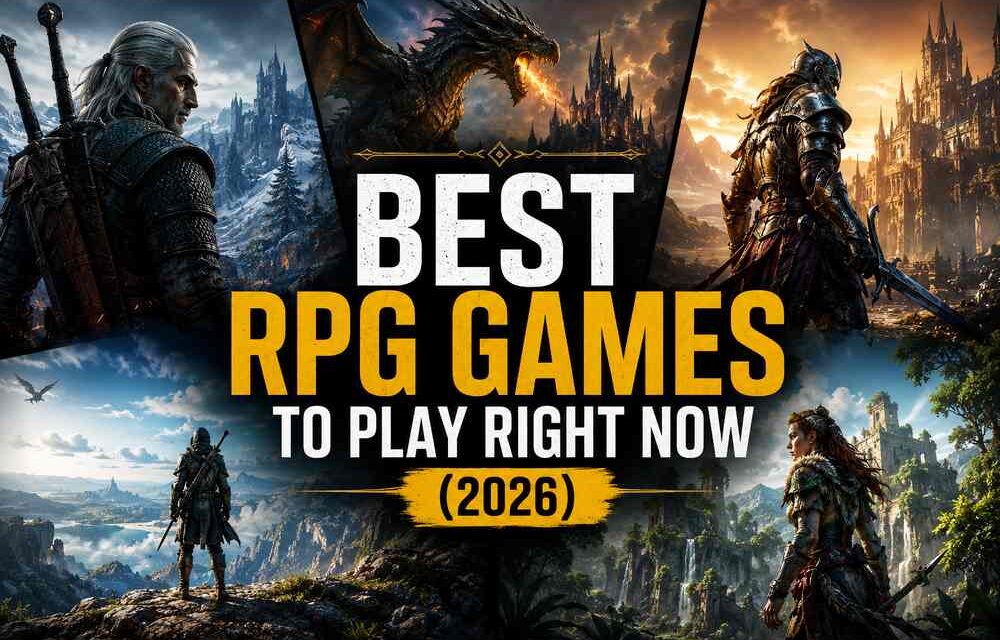 Best RPG Games to Play Right Now (2026) featured image with Geralt from The Witcher 3, a dragon and knight from Elden Ring, and Aloy from Horizon Forbidden West
