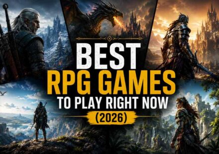Best RPG Games to Play Right Now (2026) featured image with Geralt from The Witcher 3, a dragon and knight from Elden Ring, and Aloy from Horizon Forbidden West