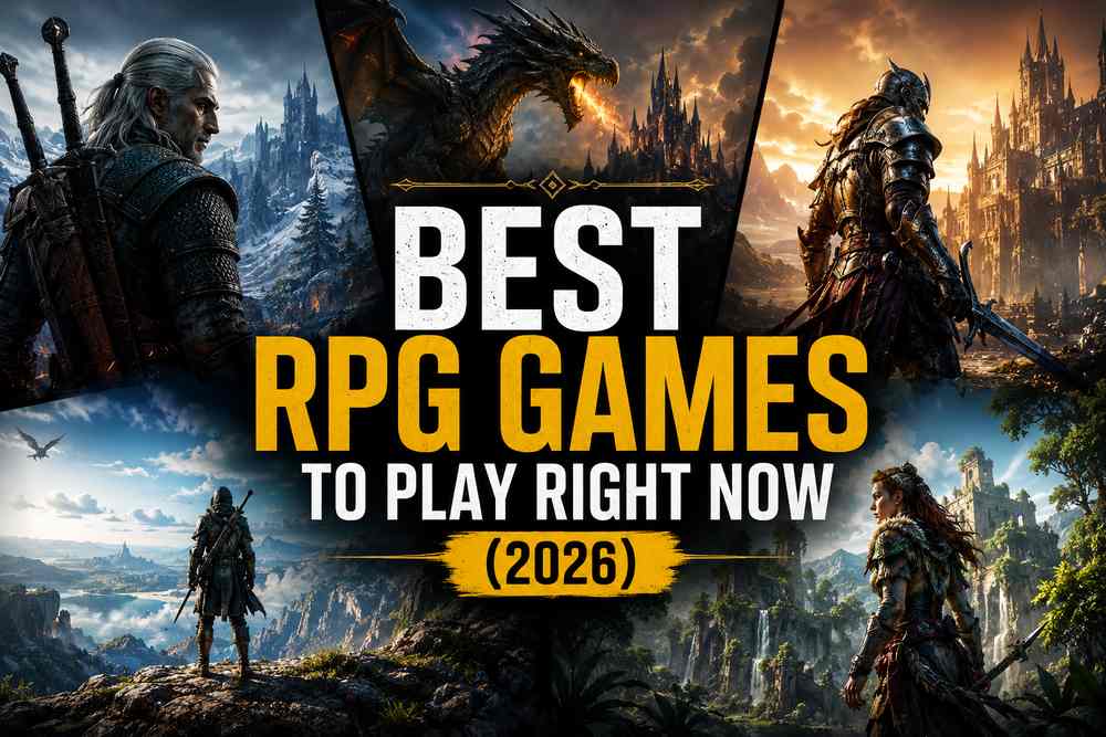 Best RPG Games to Play Right Now (2026) featured image with Geralt from The Witcher 3, a dragon and knight from Elden Ring, and Aloy from Horizon Forbidden West