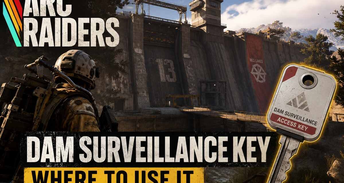 ARC Raiders Dam Surveillance Key guide featuring the Water Treatment Control tower on Dam Battlegrounds and the Dam Surveillance access key