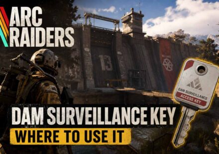 ARC Raiders Dam Surveillance Key guide featuring the Water Treatment Control tower on Dam Battlegrounds and the Dam Surveillance access key