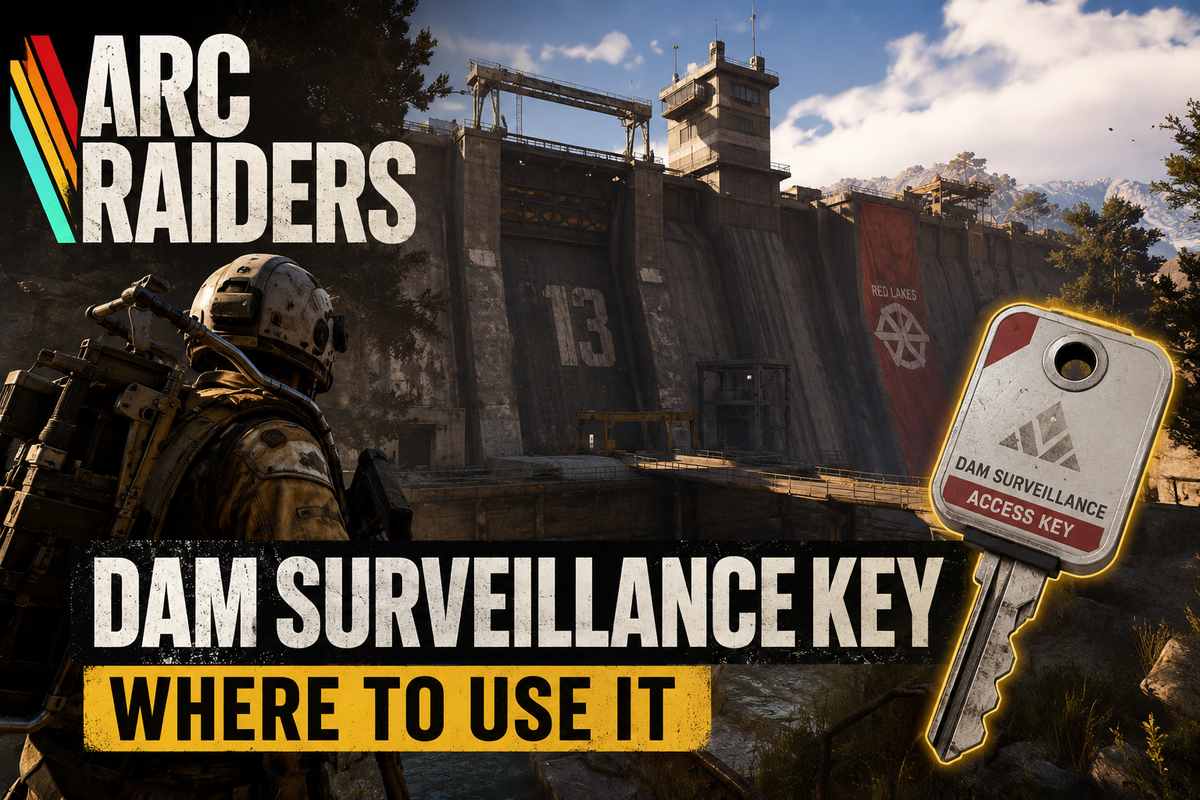 ARC Raiders Dam Surveillance Key guide featuring the Water Treatment Control tower on Dam Battlegrounds and the Dam Surveillance access key