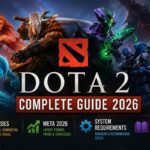 Dota 2 Complete Guide 2026 featured image showing Lina, Ursa, Terrorblade, Drow Ranger and a water elemental hero, covering heroes roles and best picks, meta 2026 patch trends, minimum and recommended system requirements