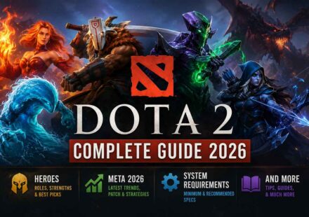 Dota 2 Complete Guide 2026 featured image showing Lina, Ursa, Terrorblade, Drow Ranger and a water elemental hero, covering heroes roles and best picks, meta 2026 patch trends, minimum and recommended system requirements