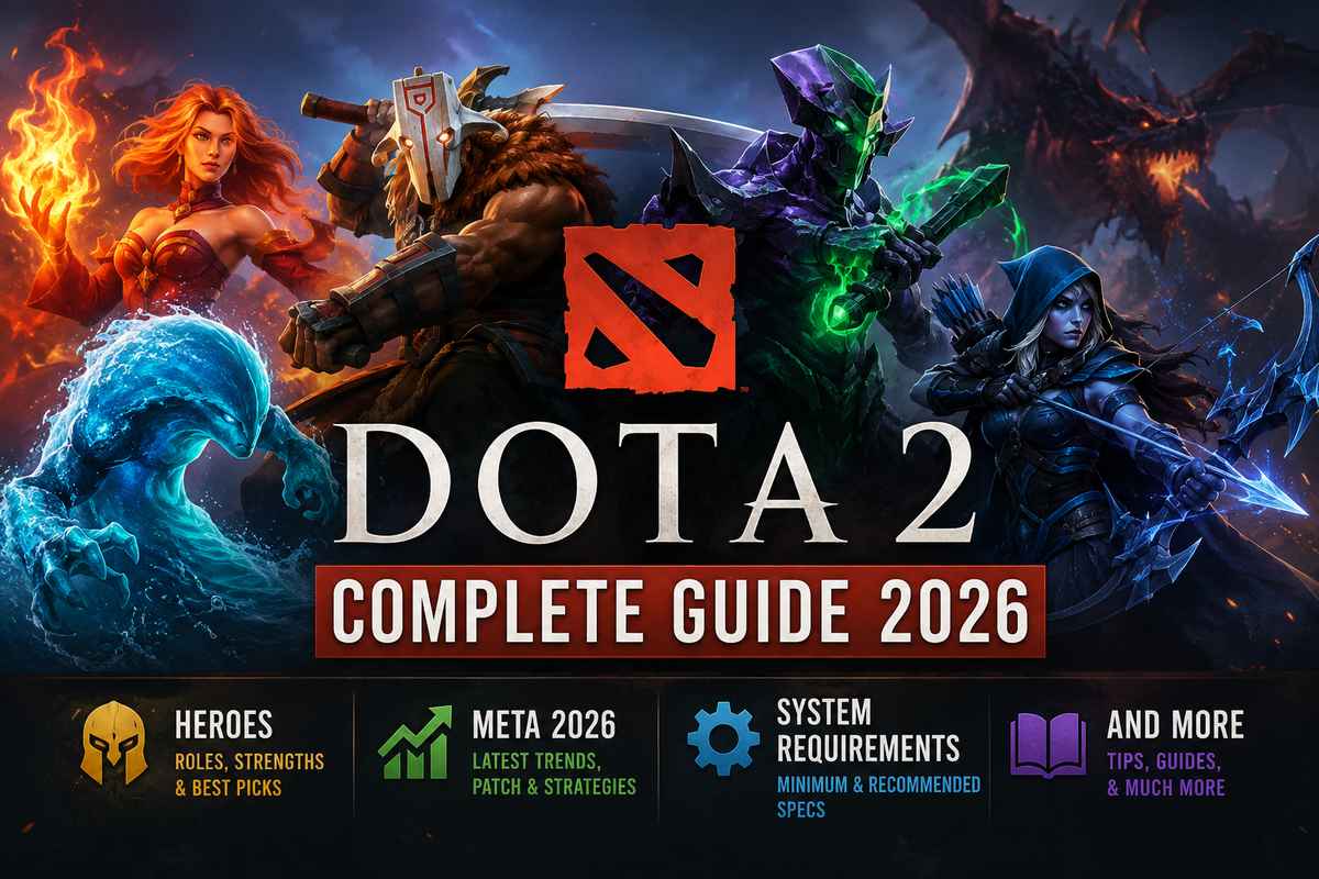 Dota 2 Complete Guide 2026 featured image showing Lina, Ursa, Terrorblade, Drow Ranger and a water elemental hero, covering heroes roles and best picks, meta 2026 patch trends, minimum and recommended system requirements