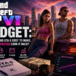 GTA 6 budget featured image showing Jason and Lucia in Vice City with a budget document, cash stacks, and a projected revenue chart asking how much GTA 6 cost to make and whether Rockstar can earn it back