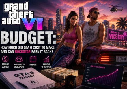 GTA 6 budget featured image showing Jason and Lucia in Vice City with a budget document, cash stacks, and a projected revenue chart asking how much GTA 6 cost to make and whether Rockstar can earn it back