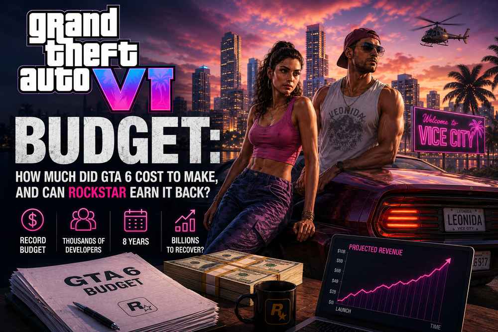 GTA 6 budget featured image showing Jason and Lucia in Vice City with a budget document, cash stacks, and a projected revenue chart asking how much GTA 6 cost to make and whether Rockstar can earn it back