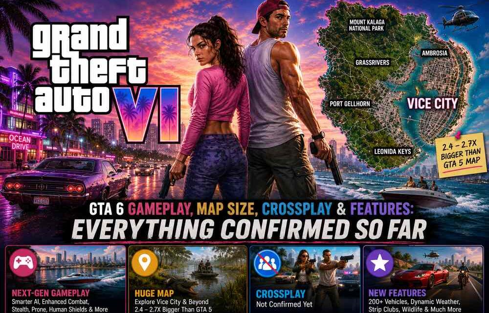 Jason and Lucia with the Leonida map, huge map details, unconfirmed crossplay, and new features panels in GTA 6.