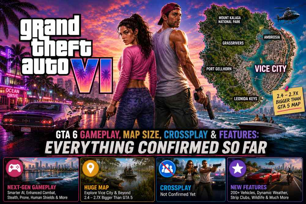 Jason and Lucia with the Leonida map, huge map details, unconfirmed crossplay, and new features panels in GTA 6.