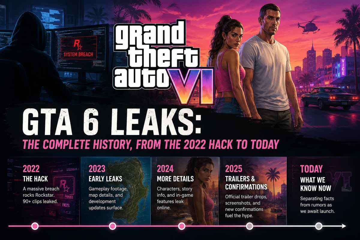 GTA 6 leaks complete history timeline from the 2022 Rockstar hack to today showing the system breach, map leaks, character details, and trailer confirmations