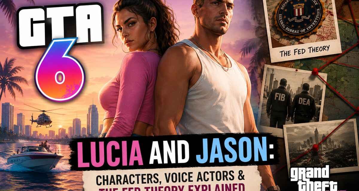 GTA 6 Lucia and Jason characters and voice actors guide with the fed theory shown as an investigation board with FIB and DEA agents