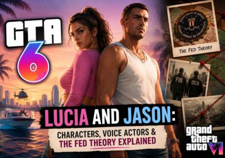GTA 6 Lucia and Jason characters and voice actors guide with the fed theory shown as an investigation board with FIB and DEA agents