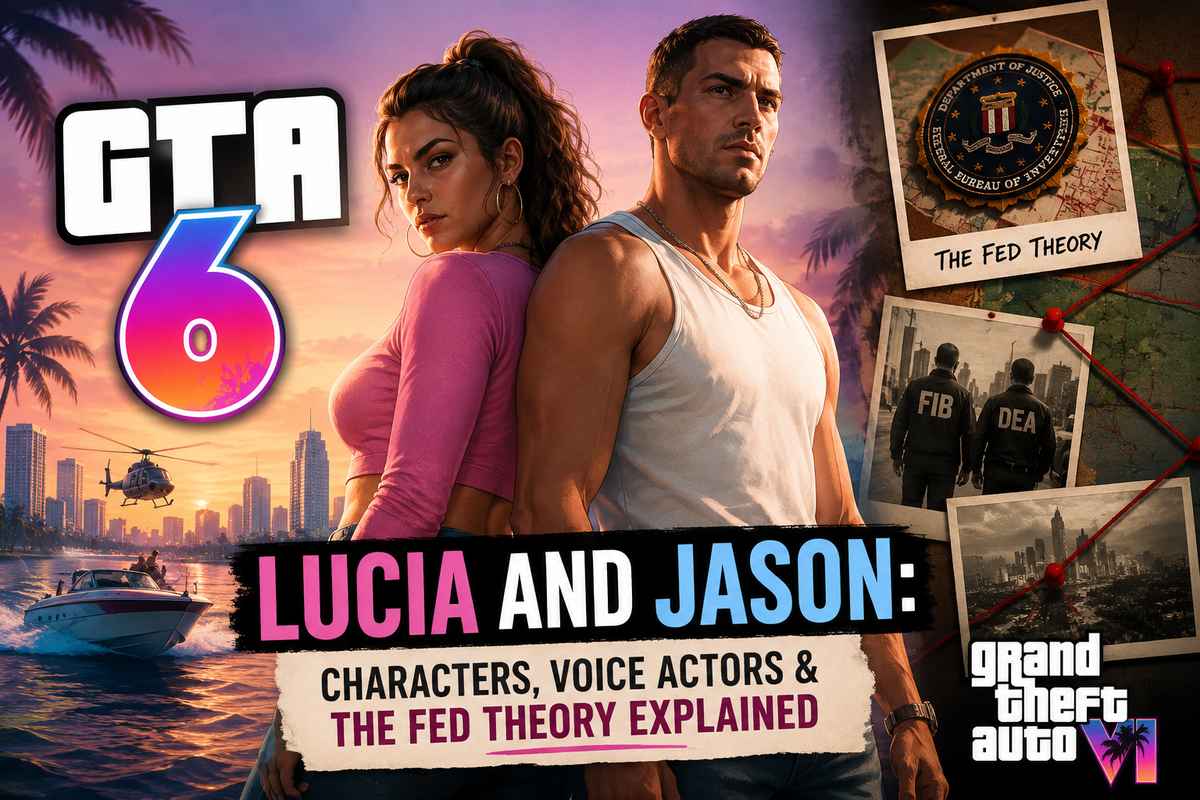 GTA 6 Lucia and Jason characters and voice actors guide with the fed theory shown as an investigation board with FIB and DEA agents
