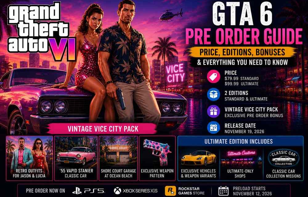 GTA 6 pre order guide featured image showing Jason and Lucia in Vice City with prices, Standard and Ultimate editions, Vintage Vice City Pack bonus, and November 19 2026 release date