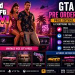 GTA 6 pre order guide featured image showing Jason and Lucia in Vice City with prices, Standard and Ultimate editions, Vintage Vice City Pack bonus, and November 19 2026 release date
