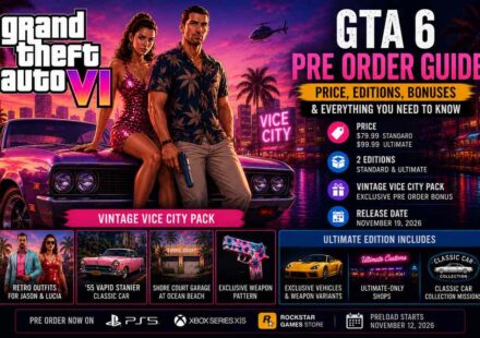 GTA 6 pre order guide featured image showing Jason and Lucia in Vice City with prices, Standard and Ultimate editions, Vintage Vice City Pack bonus, and November 19 2026 release date
