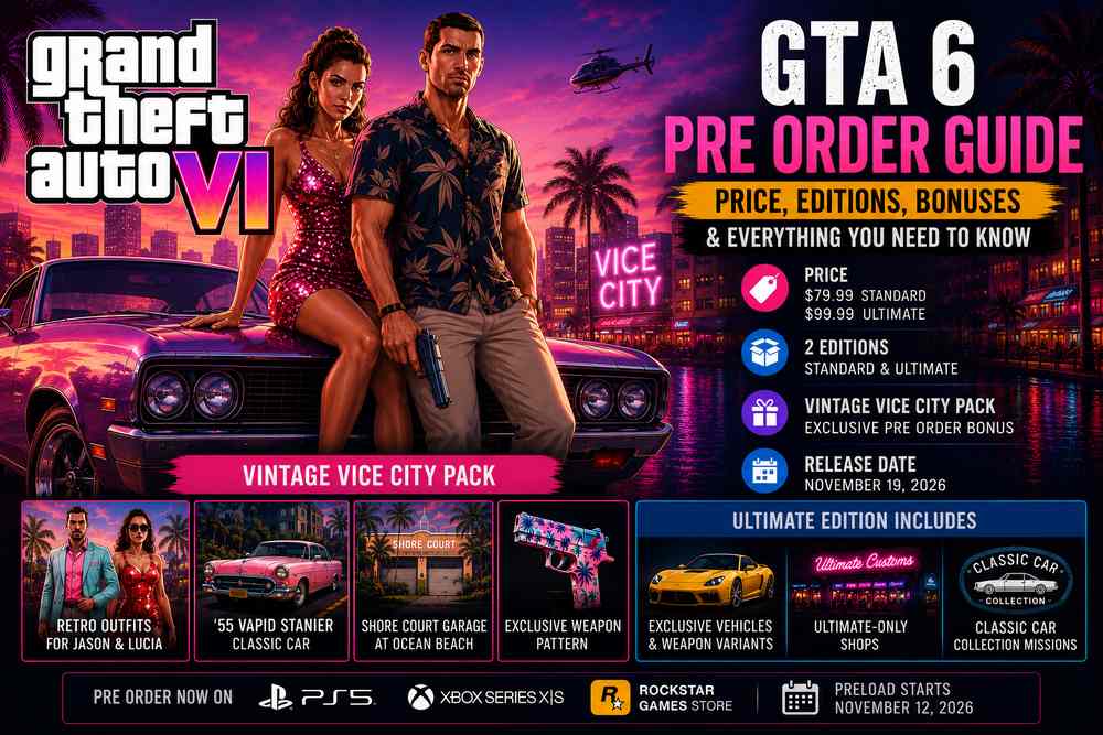 GTA 6 pre order guide featured image showing Jason and Lucia in Vice City with prices, Standard and Ultimate editions, Vintage Vice City Pack bonus, and November 19 2026 release date