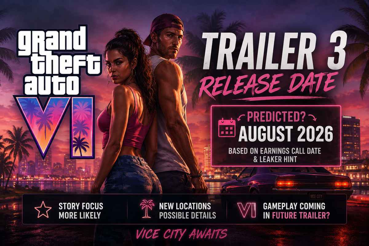GTA 6 Trailer 3 release date featured image with Lucia and Jason in Vice City, showing a predicted August 2026 window based on Take-Two's earnings call date and a leaker hint