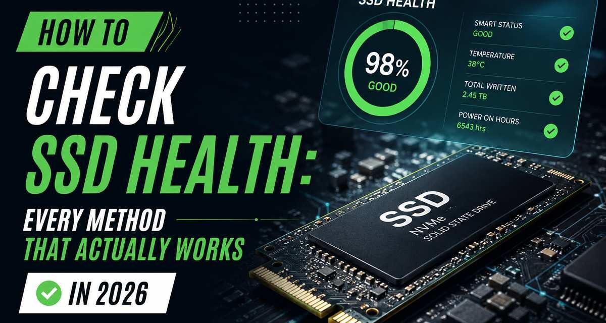 How to check SSD health featured image showing an NVMe solid state drive with a health monitoring dashboard displaying 98 percent good status, SMART status, temperature, and total data written