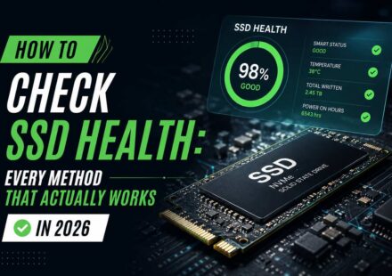How to check SSD health featured image showing an NVMe solid state drive with a health monitoring dashboard displaying 98 percent good status, SMART status, temperature, and total data written