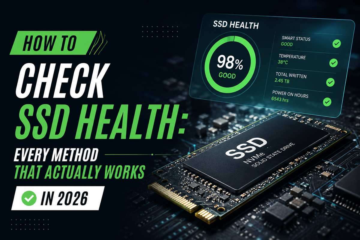 How to check SSD health featured image showing an NVMe solid state drive with a health monitoring dashboard displaying 98 percent good status, SMART status, temperature, and total data written