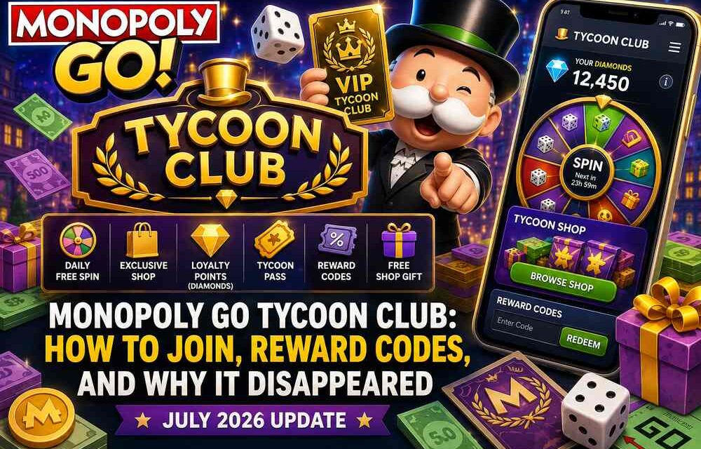 Monopoly Go Tycoon Club guide featured image showing Mr. Monopoly holding a gold VIP Tycoon Club card next to the club's benefits including daily free spin, exclusive shop, loyalty points, Tycoon Pass, and reward codes, July 2026 update