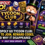 Monopoly Go Tycoon Club guide featured image showing Mr. Monopoly holding a gold VIP Tycoon Club card next to the club's benefits including daily free spin, exclusive shop, loyalty points, Tycoon Pass, and reward codes, July 2026 update