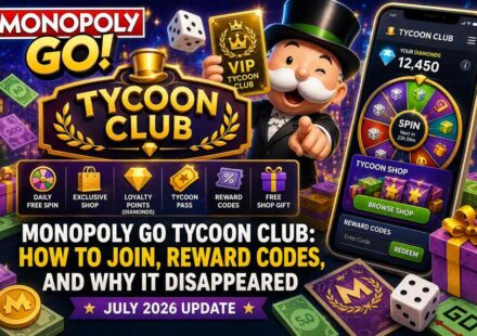 Monopoly Go Tycoon Club guide featured image showing Mr. Monopoly holding a gold VIP Tycoon Club card next to the club's benefits including daily free spin, exclusive shop, loyalty points, Tycoon Pass, and reward codes, July 2026 update