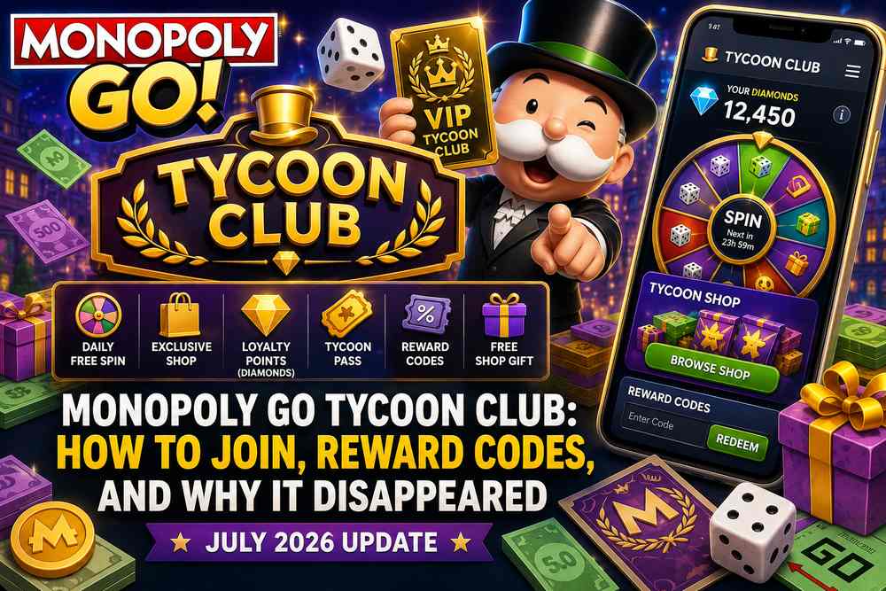 Monopoly Go Tycoon Club guide featured image showing Mr. Monopoly holding a gold VIP Tycoon Club card next to the club's benefits including daily free spin, exclusive shop, loyalty points, Tycoon Pass, and reward codes, July 2026 update