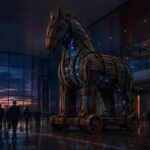 Satya Nadella’s AI Warning: You’re Paying for AI Twice Wooden Trojan horse with glowing AI circuits inside a corporate lobby, representing Satya Nadella's warning about AI models accessing company data