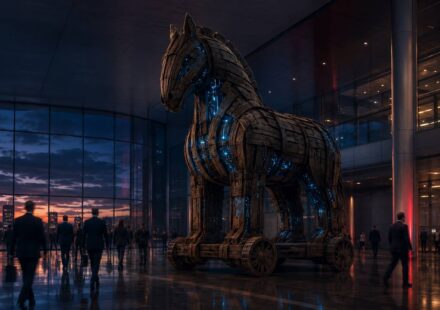 Wooden Trojan horse with glowing AI circuits inside a corporate lobby, representing Satya Nadella's warning about AI models accessing company data