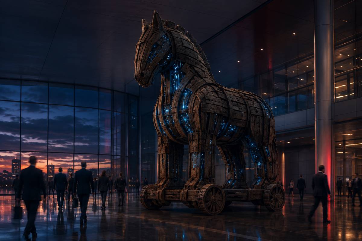 Wooden Trojan horse with glowing AI circuits inside a corporate lobby, representing Satya Nadella's warning about AI models accessing company data