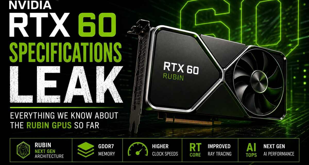 Nvidia RTX 60 specifications leak featured image showing a next-gen Rubin graphics card with GDDR7 memory, higher clock speeds, improved ray tracing, and AI performance highlights
