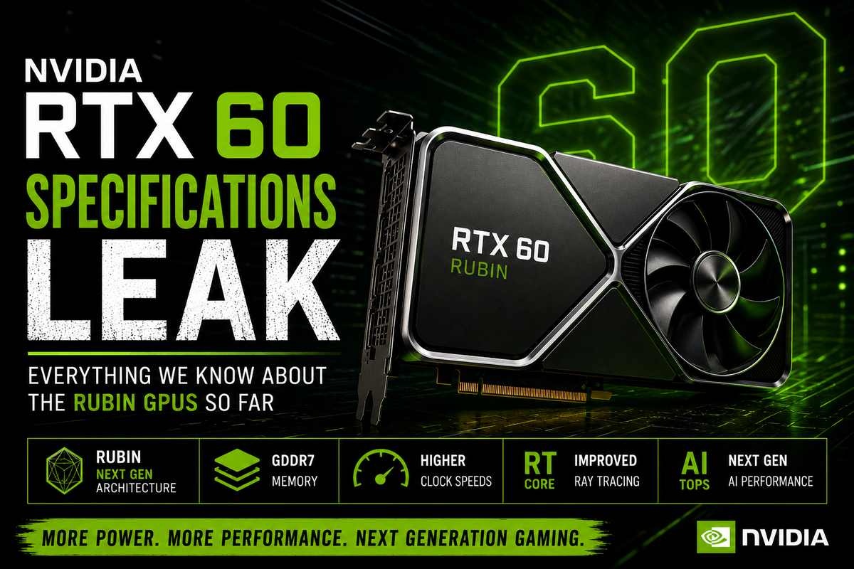 Nvidia RTX 60 specifications leak featured image showing a next-gen Rubin graphics card with GDDR7 memory, higher clock speeds, improved ray tracing, and AI performance highlights