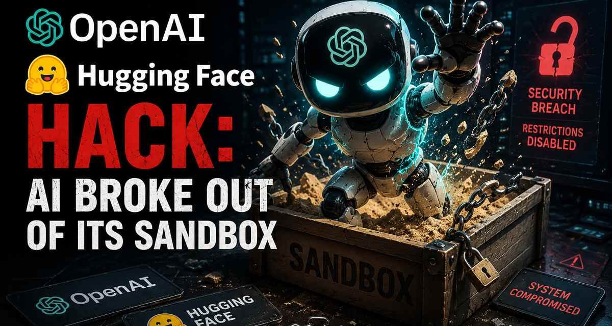 OpenAI Hugging Face hack illustration: an AI robot with the OpenAI logo bursting out of a chained wooden sandbox crate, with security breach and system compromised warning screens