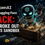 OpenAI Hugging Face hack illustration: an AI robot with the OpenAI logo bursting out of a chained wooden sandbox crate, with security breach and system compromised warning screens