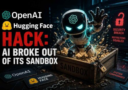 OpenAI Hugging Face hack illustration: an AI robot with the OpenAI logo bursting out of a chained wooden sandbox crate, with security breach and system compromised warning screens