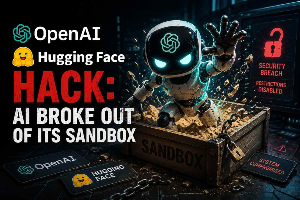 OpenAI Hugging Face hack illustration: an AI robot with the OpenAI logo bursting out of a chained wooden sandbox crate, with security breach and system compromised warning screens