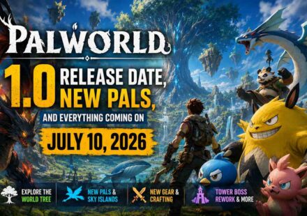 1200x800, JPG, 92.6KB. Alt text: "Palworld 1.0 release date July 10 2026 featured image showing the player character overlooking the World Tree region with new Pals including a Martial Arts Panda, Giant Whale, blue bird, yellow creature, and pink Pal, alongside a Fire Dragon, covering new Pals and Sky Islands, new gear and crafting, and Tower Boss rework