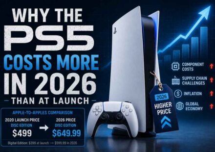 PS5 price increase 2026 featured image comparing the $499 disc edition launch price to $649.99 in 2026, with component costs, supply chain, inflation, and global economy listed as causes