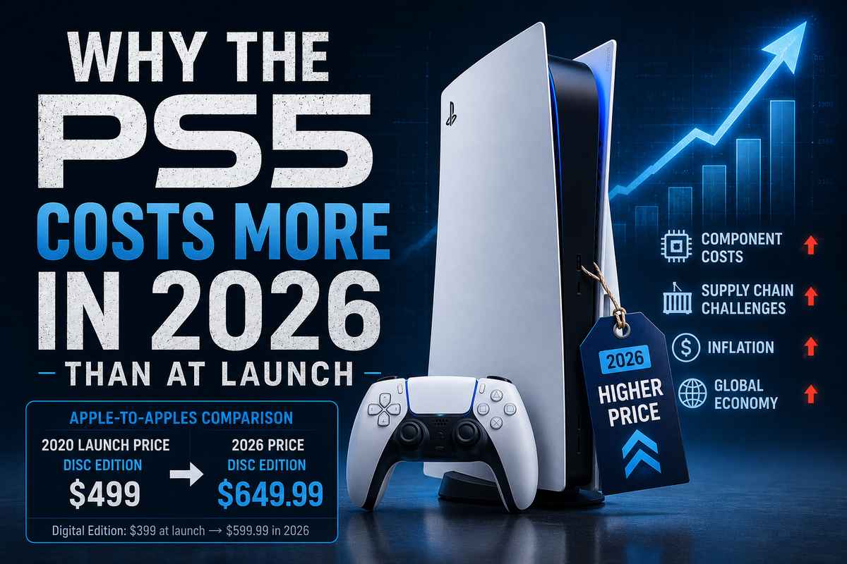 PS5 price increase 2026 featured image comparing the $499 disc edition launch price to $649.99 in 2026, with component costs, supply chain, inflation, and global economy listed as causes