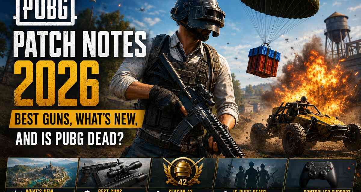 PUBG Patch Notes 2026 featured image showing a PUBG soldier parachuting into battle with an explosion and buggy in the background, covering best guns M416 AKM AWM, Season 42 ranked revamp, is PUBG dead player count, and controller support